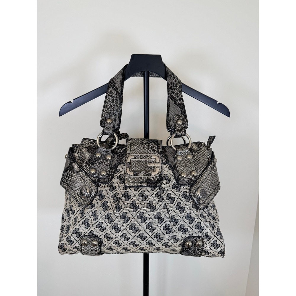 Vintage Guess Norwich Monogram Snakeskin Satchel Bag Grey Y2K SI257904